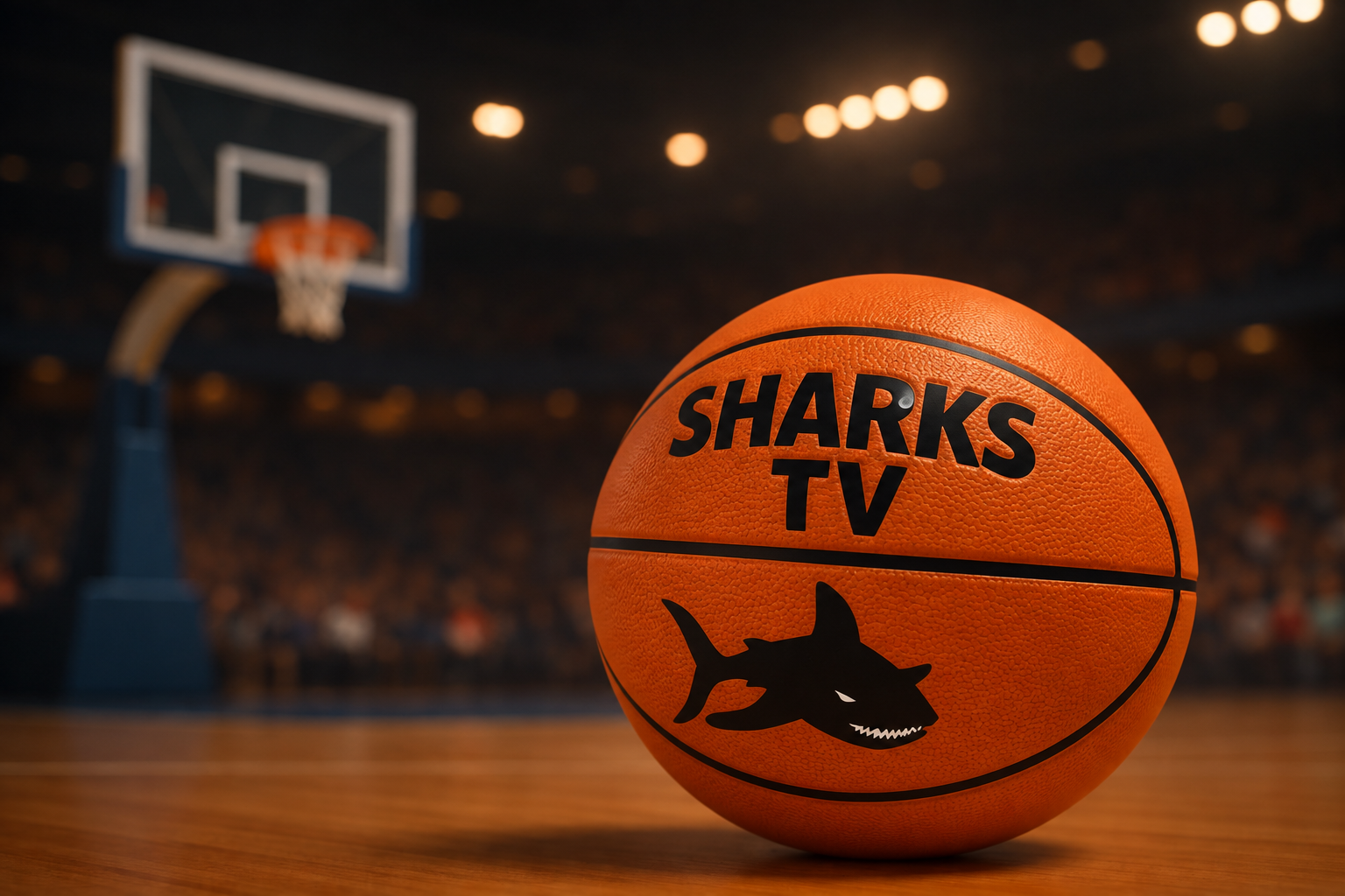 SharksTV-Basketball auf einem beleuchteten Basketballfeld